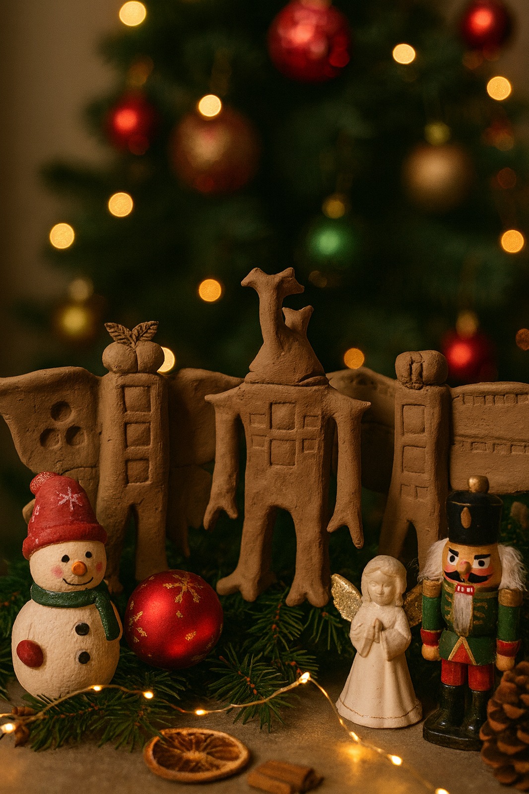 クリスマスツリーの前で未塗装土偶を飾った雰囲気写真