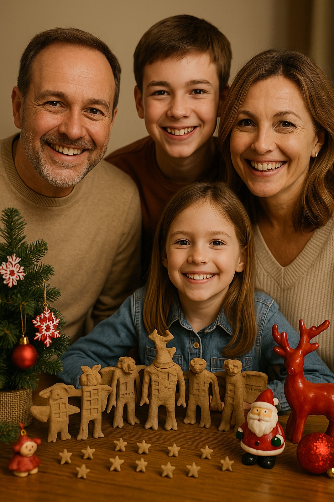 家族で未塗装の昆虫土偶を並べて記念撮影